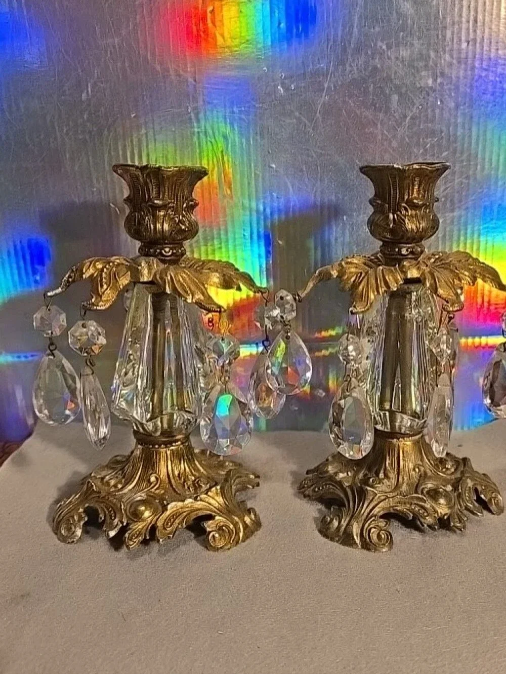 081426 2 Vintage Heavy Brass Candlestick Holders with Hanging Crystals H11 In#bo
